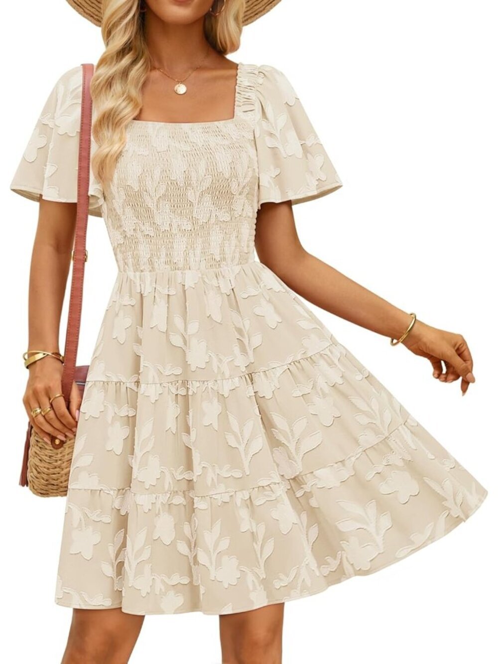 Women's Apricot Casual Short Sleeve Square Neck Summer Boho Floral Mini Dress
